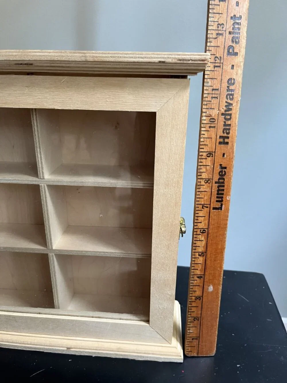 Natural Wood Display Case With Glass Door & 6 Compartments For Collectibles Or M